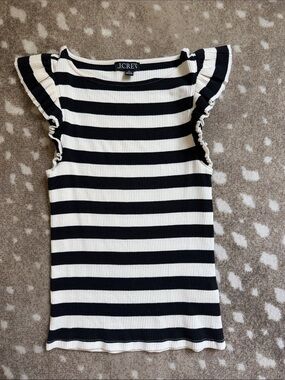 J. Crew Black & White Striped Ruffle-Sleeve Ribbed Tank